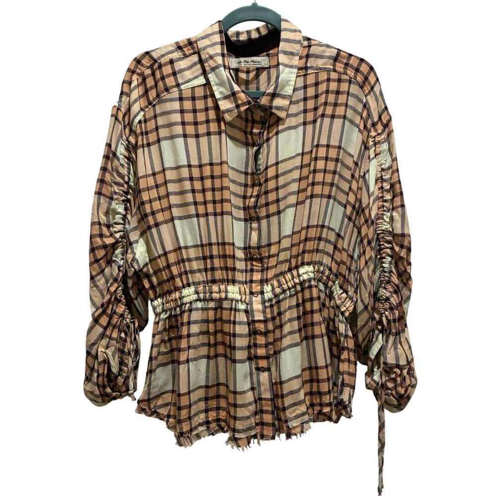 We The Free Womens Peach Brown Plaid Released Trim Button-Down Top Shirt L